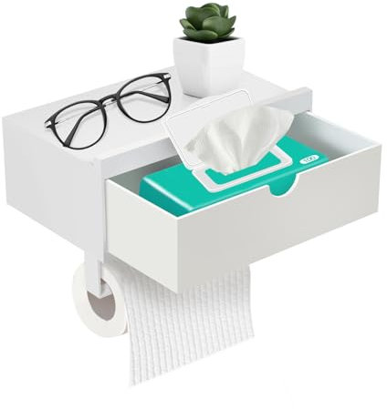Surmounty Porte-papier toilette avec étagère, distributeur de lingettes humides pour salle de bain, montage mural avec rangement, distributeur de lingettes humides lavables (blanc)