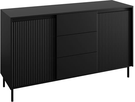 Mirjan24 Kommode Ozmi 2D3SZ mit 2 Türen und 3 Schubladen, innen 4 Fächer, Metallfüße, Push to Open, Türkommode, Highboard, Anrichte, Sideboard (Schwarz)