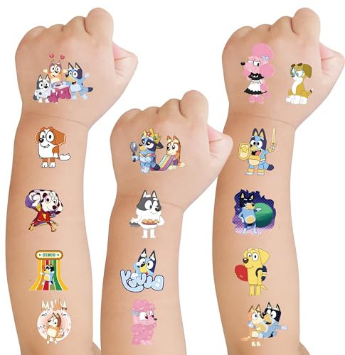 Kinderfreundliches Temporäres Tattoo-Set Bluey - 8 Blätter, Hautfreundlich, Wasserdicht, Kreativer Spaß für Geburtstagsgeschenke