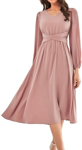 GRACE KARIN Women Long Sleeve A Line Flowy Solid Color Plus Size Dress Elegant Summer Flowy Long Sleeve Chiffon Dress Gray Pink L