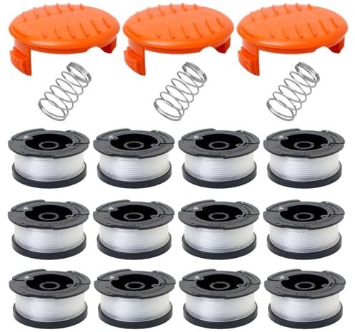 12 Pack String Trimmer Replacement Spool Compatible with Black+Decker, 30ft 0.065 AF-100 Autofeed Replacement Spools, Compatible with Black+Decker String Trimmers, 12 Line Spools+3 Caps+3 Springs