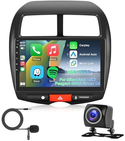8 Core 4G+64G Radio para Citroen C4 2007-2013/Mitsubishi ASX 2010-2016/Peugeot 4008 2012,Hodozzy 10 Pulgadas Pantalla Táctil Carplay y Android Auto, Radio con Bluetooth GPS DSP WiFi FM RDS Cámara