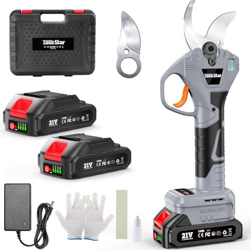 Taskstar Forbici Potatura a Batteria – 40mm Forbici Potatura Elettriche SK5 Ultra Affilata, 2 Batteria 2000mAh, Motore Brushless 600W, Marce Regolabili, Display LCD, Per Alberi e Fiori