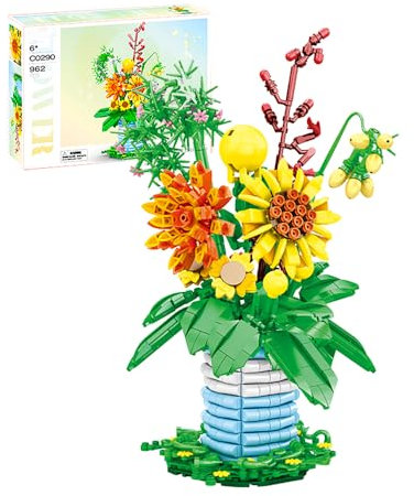 Flowers Bouquet Building Set, 876 PCS Bouquet of Sunflower with Vase, Office Home Artificial Flowers Decor Botanical Collection Building Toys, Gifts for Kids Adults Valentines Day Christmas Day