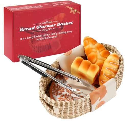 Bread Warming Basket with Stones - Includes bread towel and clips. Ideal baker's gift and housewarming gift for birthday gifts and farmhouse kitchen hostess gifts. (floral pattern)