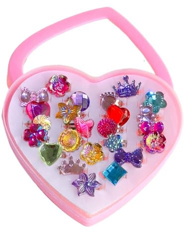 SULIUDAJI 24 pcs Anneaux réglables pour Filles, Bagues Princesse Bijoux avec boîte en Forme de Coeur, Girl Semblant de Jouer et Habiller des Anneaux pour Enfants Petites Filles(Styles aléatoires)