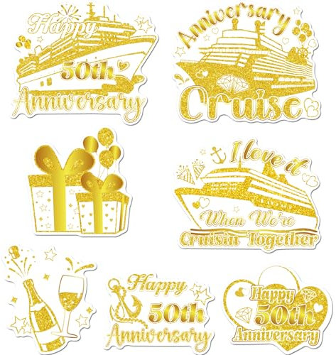 50th Anniversary Decorations Cruise Door Magnets, 7 Pcs Gold Cruise Happy 50th Anniversary Cruise Door Decorations Magnetic, 50th Wedding Anniversary Decor for Ship Cabin Door Fridge