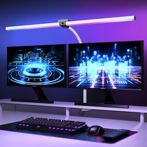 vatato Doppelkopf LED Schreibtischlampe mit RGB,Dimmbar 24W Schreibtischleuchte mit Fernbedienungen, Klemmbar Tageslichtlampe mit Stufenlose Dimmung&Farb,Büro Tischlampe für Home&office (Weiß)