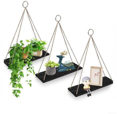 Handmade Floating Shelves, 3 Pack Wooden Wall Hanging Shelves, Flower Pot Storage Rack, Wooden Hanging Board Ornaments, Wooden Partition Rack For Home Garden(black)