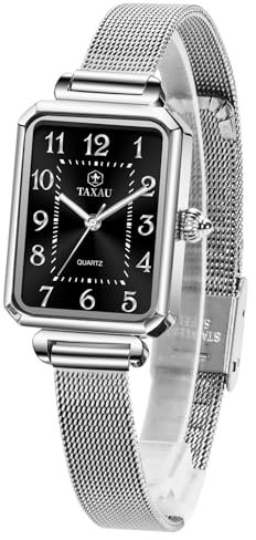 Taxau Women Wrist Watches Ladies Analogue Watch Square Waterproof Women's Large Face Watch Black Elegant Stainless Steel Mesh Belt Wrist Watches for Women