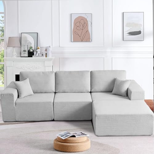 CHOSHOME Corner Sofa with Deep Seat Modular Sectional Sofa with L-Shaped Chaise Modern Plush Corduroy Small Couch for Apartment Living Room Bedroom Double Sofa Bed No Assembly Required (Light Grey)