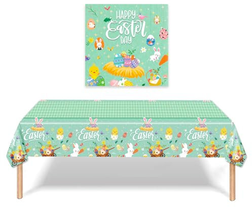 Qaziuy Easter Table Cloth with Easter Napkins Paper, Waterproof Reusable Easter Table Cover Spring Easter Party Napkins for Easter Table Decorations Tableware Decor