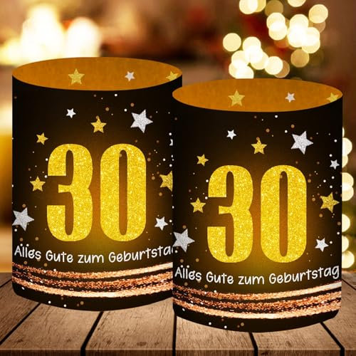12 Windlicht Tischdeko, Deko 30 Geburtstag Frau Mann, 30 Geburtstag Männer Frauen Deko Schwarz Gold, 30 Jahre Happy Birthday Tischdekoration, Geeignet für Teelichter oder Kerzen