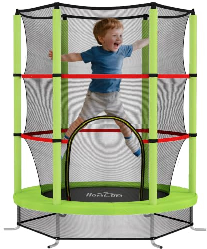 HOMCOM Kindertrampolin 3-6 Jahre mit Sicherheitsnetz, 6 Säulen und 3 Eingänge, PE-Trampolin, Kunststoff und Metall, Ø140x190 cm, Grün und Schwarz