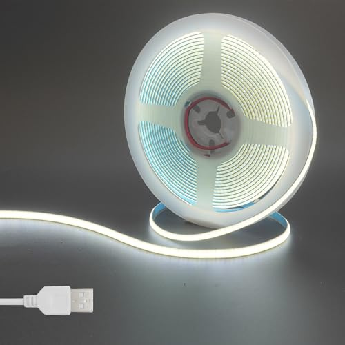 Clearhill 5V USB COB LED Strip Lights, 3.28FT / 1M, Cool White 6500K, 400LEDs / M, 5mm Breite, Nicht wasserdicht IP20, 1M USB-Kabel, Flexible LED-Band-Licht für DIY Home Indoor Dekoration