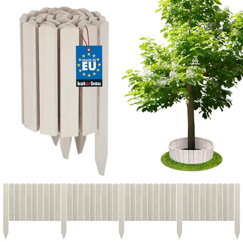 KOTARBAU® Beeteinfassung Holz Gartenzaun Rollzaun 200 x 30 cm Weiß Beetumrandung Holzzaun Rollboarder Palisadenkante Holzzaun Rasenkanten Deko Gartenzaun Steckzaun Flexibler Rollborder Rasenkante