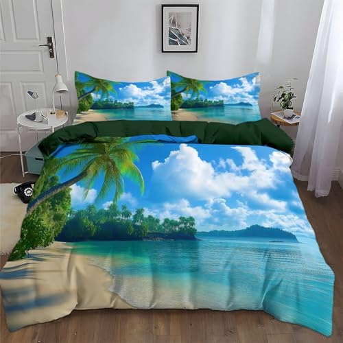 Srigzcaly Bettwäsche-Set 200x220 cm 3 Teilig, Natur Landschaft Tropischer Strand Palme Wendebettwäsche für Mädchen Jungen Kinder, Flauschige Weiche Mikrofaser Dunkelgrün Bettbezug mit Reißverschluss