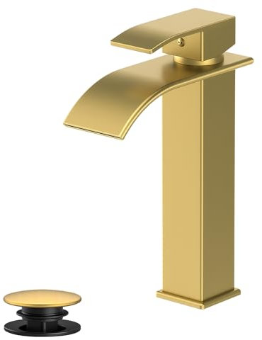 Rywuanku Badarmatur mit Wasserfallauslauf, Einhebel-Spültischarmatur mit Pop-Up-Ablauf- und Deckplatte, moderner 1-Loch-Waschtischarmatur für Wohnmobil, Bauernhaus, Wohnmobil oder Badezimmer