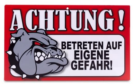power gift - Auffallendes Warnschild. Schild mit lustigen Text und Hunde Abbildung. Tor, Tür und Gartenschild. Warnzeichen. Sicherheitsschild. Tafel. Tierwarnschild. (BETRETEN AUF EIGENE GEFAHR)