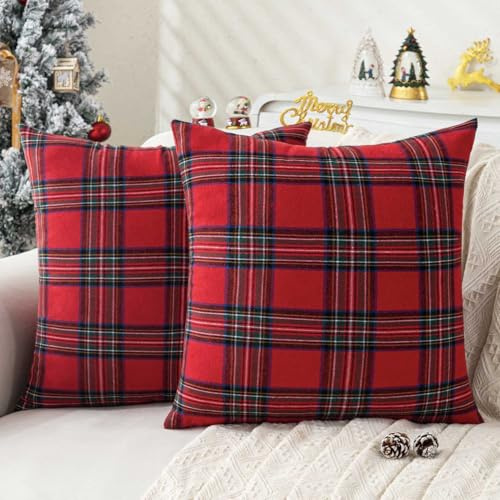 Jayusaror Kissenbezug 50x50 Weihnachten Kissen Kissenhülle Rot Kariert Weihnachtskissenbezüge Plaid Schottischen Tartan Kopfkissenbezug Weihnachts Kissenbezüge für Sofa Wohnzimmer 2er Set