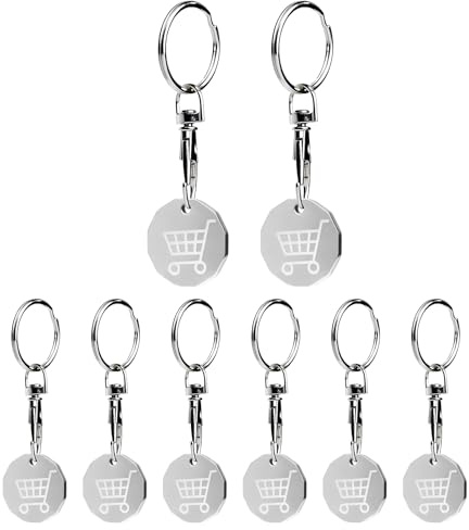 Zenfony 8 Pack Shopping Trolley Tokens Keyring, Durable Metal UK Pound Replacement Coins for Supermarket Carts, Portable Reusable Trolley Keys