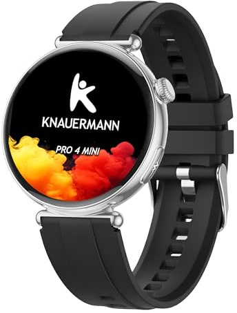 Knauermann PRO 4 MINI (2026) Rund Silber - EKG Gesundheitsuhr Blutdruck, Puls und Blutsauerstoff Messung, Schlafanalyse, Telefonie, IP67, Silikon Schwarz