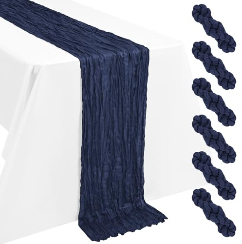 6 Stück Marineblau Käsetuch Tischläufer 55x300cm Boho Gaze Deko | Gaze Stoff, plissierte Textur, waschbar, geeignet runde/rechteckige Tische, Hochzeit, Brautparty, Erntedank & Weihnachtsdeko