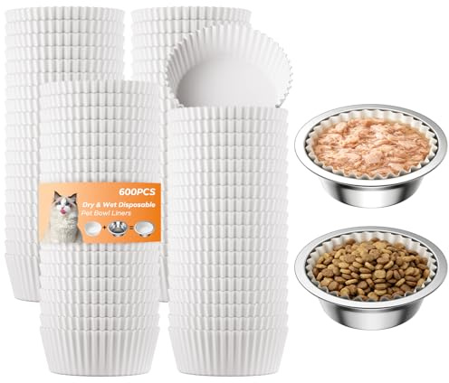 Pet Disposable Bowl Liners, Small Paper Dish Pads for Cats & Small Dogs, Round Feeding Station Inserts, Compatible with Dry or Wet Food, Leak-Resistant Meal Mats, 600 Count, White