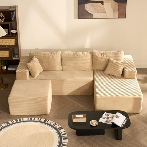 Litbird U-förmiges modulares Ecksofa 272 cm mit Schlaffunktion, rahmenloses Oversize Schlafsofa mit Chaiselongue Links, extra Tiefe Sitzfläche, montagefrei – für Wohnzimmer & Schlafzimmer,Hellbraun