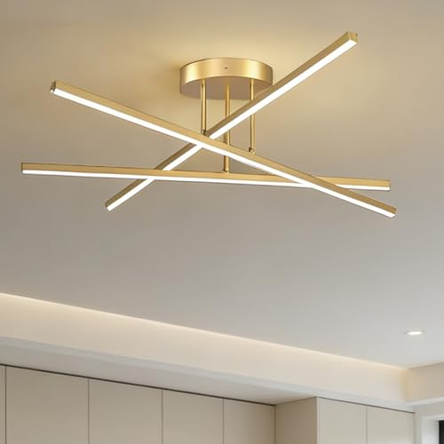 Amansour Gold Metall Linien LED Deckenleuchte 60cm, 24W 2400LM 3000K Warmweiß Pendelleuchte Flachleuchte für Wohnzimmer Schlafzimmer Büro Flur