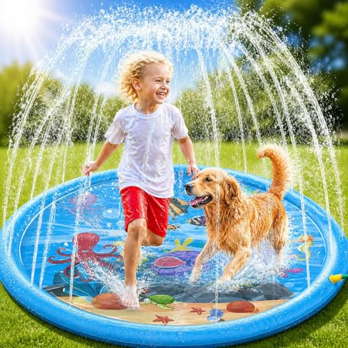 170 cm Splash Pad, Juegos de Agua con Rociadora para Niños y Perros, Antideslizante Alfombra Aspersora para Jardín Playa, Juguete de Verano para Exterior, Niños y Mascotas