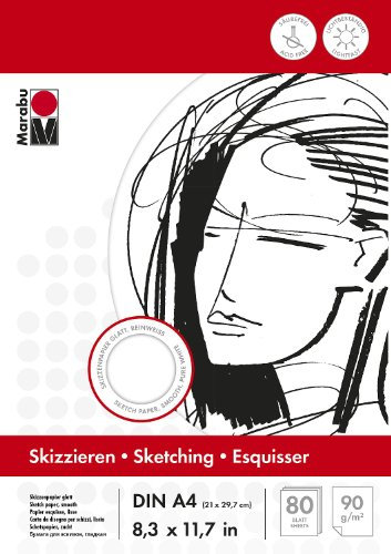 Marabu 1612000000044 - Malblock Skizze, 90 g/qm, 80 Blatt, DIN A4, reinweiß, Zeichenpapier glatt, säurefrei, lichtbeständig, alterungsbeständig, kopfseitig gebunden