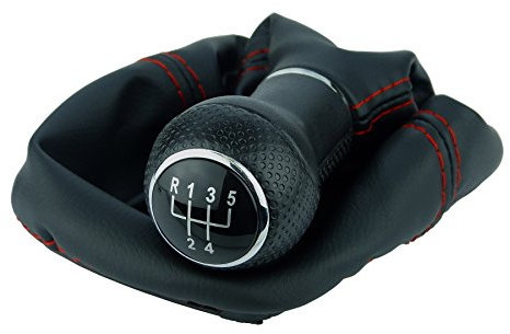 Pomo palanca de cambios y Funda palanca de cambios compatible para VW Golf 4 y para Bora 1997-2006 - 5 velocidades marchas 12mm - negro rojo - para transmisión Manual - (A254-0)