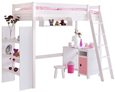 TiCAA Hochbett Kinderbett Matthias mit Schrägleiter Kiefer massiv Weiss