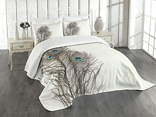 ABAKUHAUS Pfau Tagesdecke Set, Federn von Exotischer Vogel, Set mit Kissenbezug Mit Digitaldruck, für Einzelbetten 170 x 220 cm, Weißer Taupe und Blauer