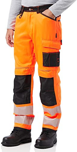 Portwest PW340 PW3 Men's Hi-Vis Cargo Work Trousers with Knee Pads and Pockets - Reflective High Viz Outdoor Safety Workwear, Orange/Black, 44