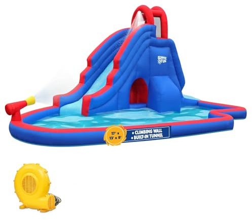 Sunny & Fun Deluxe Inflatable Water Slide Park & Splash Pool with Tunnel - Heavy-Duty for Outdoor Fun - Climbing Wall - Easy to Set Up & Inflate with Included Air Pump & Carrying Case
