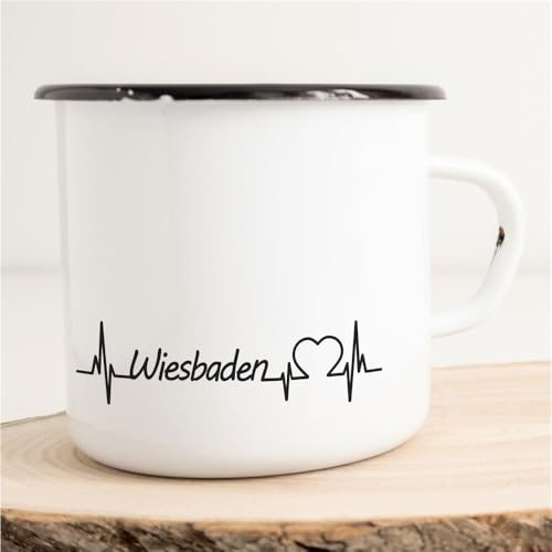Huuraa Emaille Tasse Wiesbaden Herzschlag Puls 300ml | Geschenk Kaffeebecher Vintage Blech Campingtasse mit Schwarzem Rand Kaffeetasse Geschenkidee