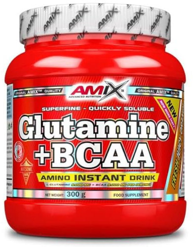Amix - Glutamina + Bcaa - Suplemento Alimenticio - Mejora del Rendimiento - Contiene Aminoácidos Bcaa - Glutamina en Polvo - Nutrición Deportiva - Sabor a Mango - Bote de 300 g