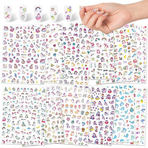 Qpout Unicorno Adesivi per Unghie (1200 Design), 3D Autoadesivi Rainbow Diamante Decorazioni per Bambini Ragazze Festa di Compleanno Regalo per Salone di Bellezza