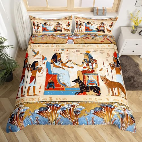 Feelyou Bettwäsche-Set aus dem alten Ägypten, Queen-Size-Größe, 3-teilig | Bettbezug mit ägyptischem Retro-Muster, ägyptische Kultur, für Schlafzimmer, alle Jahreszeiten, atmungsaktiv, gemütlich, warm