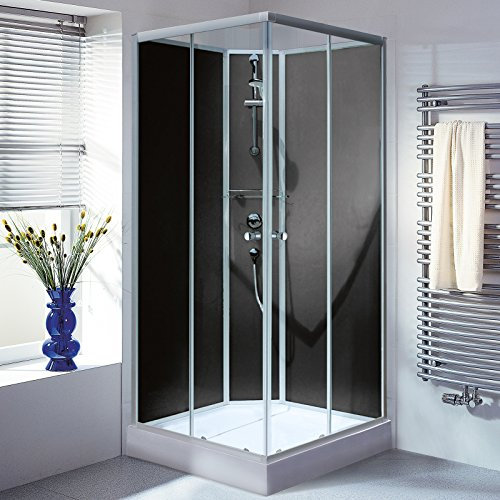 Schulte cabine de douche complète en kit 90 x 90 x 200 cm (bac de douche inclus), profilé alu-argenté, portes coulissantes en noir, verre de sécurité