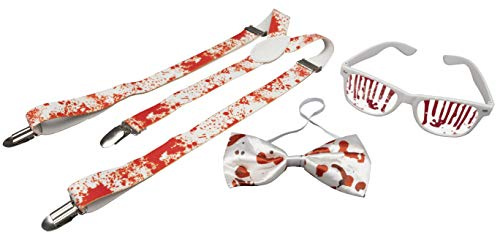 Halloween Kostüm-Accessoire-Set Blutspritzer, Brille, Fliege, Hosenträger | Brille, Fliege und Hosenträger bilden ein abgestimmtes Blutspritzer-Set und machen den Horror-Look schnell komplett.