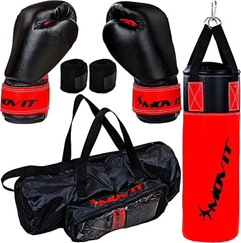 MOVIT® Boxsack-Set 5,5kg, gefüllt, inkl. Boxsack, (Höhe 60cm x Durchmesser 20cm), 8 oz Boxhandschuhe, Boxbandagen und Tasche, für Kinder und Jugendliche, Boxing Boxen, rot-schwarz