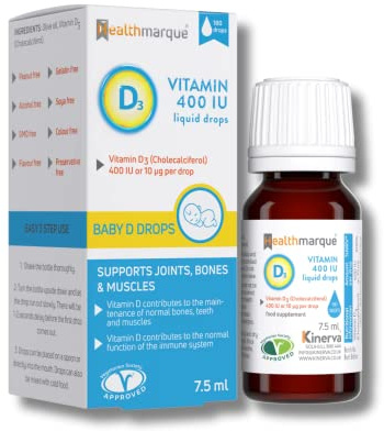 Vitamin D3 Liquid Drops 400 IU - Pure Vitamin D Liquid in Olive Oil for Babies, Children and Adults by Healthmarque (180 doses)