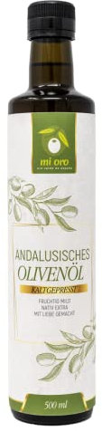 mi-oro Kaltgepresstes Olivenöl 500ml | Sehr mild & fruchtig im Geschmack (späte Ernte) | Erntezeit erst im Februar | Traditionelles Handwerk | Andalusisches Olivenöl