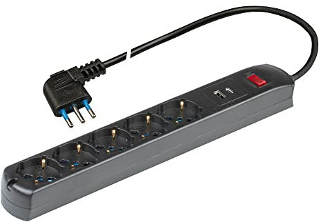 POLY POOL - PP2536.2 Ciabatta Multipresa Elettrica 5 Prese Schuko Multistandard Bivalent 10/16A + 2USB (A+C)- Spina Salvaspazio 10A - Multipresa con 1 Interruttori - Ciabatta con Interruttore Nera