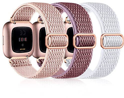 Dirrelo 3 Pack Nylon Elastic Ersatzarmband Kompatibel mit Fitbit Versa 2 Armband/Fitbit Versa Armband für Damen Herren, Stoff Sport Armbänder für Fitbit Versa 2/Versa/Versa Lite/SE, Rosa+Grau+BlauMeer