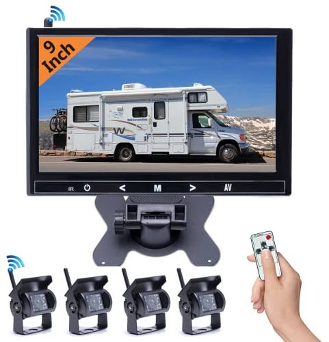 Hodozzy Cámara de Marcha Atrás Inalámbrica 4 Cámaras 9 Pulgadas Monitor Cámara Trasera Inalambrica, 18 IR Visión Nocturna Impermeable 12V-36V para Remolques, Autocaravanas, Camiones, Furgoneta