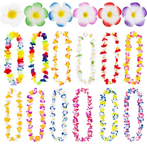 18 Stück Hawaii Kostüm Accessoires Damen inkl. 12 x Hawaii Blumenketten, 6 x Frangipani Haarspangen Hawaiianische Deko für Strandparty, Tropische Sommer Party, Hawaii Party, Aloha Party, Poolparty